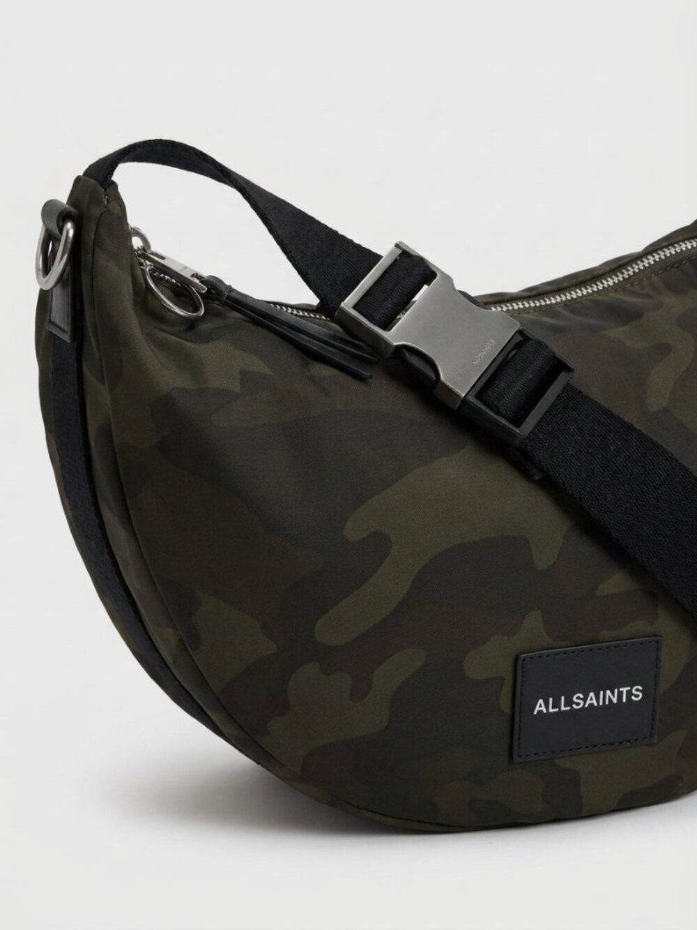 AllSaints Koy Recycled Crossbody Bag Dark Camo Green Sling Half Moon Bag